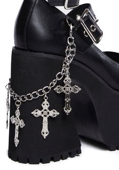 and damned if I don't! These faux leather mary janes have adjustable buckle straps with grommet hardware, dangling chains with cross charms, and treaded platform soles. Platform Dr Martens, Demonia Boots, New Rock Boots, Dolls Kill Shoes, Occult Fashion, Shoe Wishlist, Gothic Clothing, Platform Mary Janes, Goth Dress