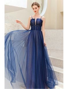 Noble Blue Tulle Formal Party Dress With Train Spaghetti Straps Wholesale #T78028 - GemGrace.com Blue Tulle Dress For Party, Blue Tulle Party Dress, Tulle Banquet Dress With Spaghetti Straps, Tulle Dress With Spaghetti Straps For Banquet, Blue Gown For Banquet During Party Season, Elegant Blue Gown With Spaghetti Straps, Blue Tulle Dress With Spaghetti Straps, Blue Gala Gown With Spaghetti Straps, Blue Spaghetti Strap Gown For Gala