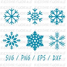 four snowflakes are shown in blue and white, with the words svg / png / eps / dxf