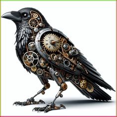 a black bird with gears and wheels on it's body