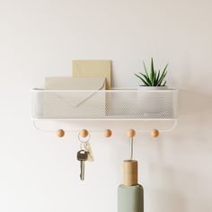 a white shelf with keys and plants on it next to a wall mounted air plant