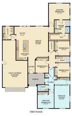 the first floor plan for a home with three bedroom and two bathrooms, an open concept kitchen