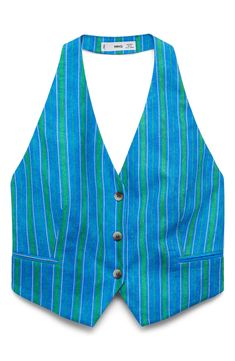 Perfect your next ensemble with this open-back halter vest made from a lightweight linen blend covered in vibrant stripes. Front button closure; ties at back Halter neck Front besom pockets Lined 55% linen, 45% viscose Dry clean or machine wash, line dry Imported Chic Striped Summer Vest, Chic Striped Spring Vest, Sleeveless Vest With Vertical Stripes For Spring, Spring Workwear Vest With Vertical Stripes, Halter Vest, Waistcoat Woman, Striped Vests, Total Look, Pocket Pants