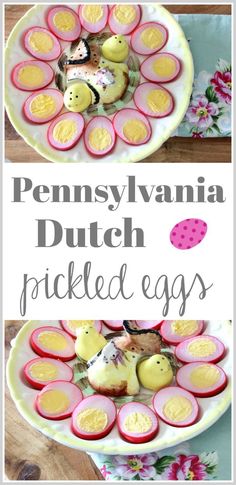 two plates filled with deviled eggs on top of each other and the words pennsylvania dutch pickled eggs