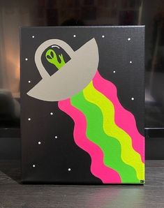 a painting of a space ship floating in the air with a green alien on it's side