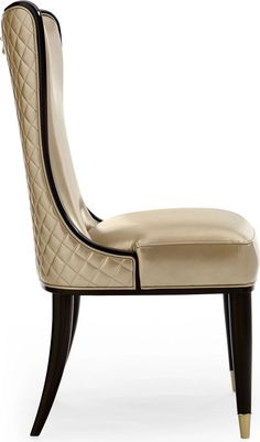 an upholstered chair with black legs and a beige leather seat, viewed from the side