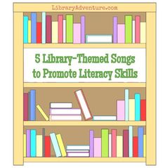 a book shelf with books on it and the title 5 library - themed songs to promote literacy skills