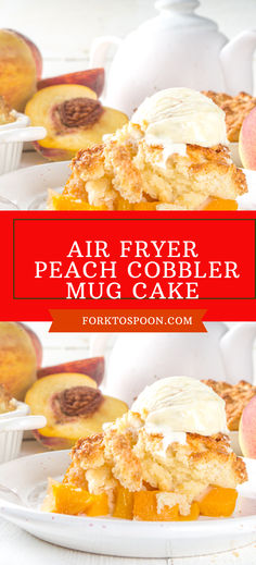 Air Fryer Peach Cobbler -bake single-servings of homemade peach cobbler in the air fryer or Ninja Foodi. Fresh sweetened peaches topped with a crisp streusel-style topping in just 15 minutes. Peach Cobbler Mug Cake, Air Fryer Peach Cobbler, Homemade Peach Cobbler, Single Serve Desserts, Rich Desserts, Canned Peaches, White Cake Mixes, Cobbler Recipes, Ninja Foodi