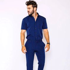 Navy Pin Stripe Fitted Mens Jumpsuit - Shop Now – RomperJack Mens Jumpsuit, Boring Work, Pinstripe Jumpsuit, Fitted Romper, Fall Winter Fashion, Black Wool Blazer, Jumpsuit Men, Fitted Jumpsuit, Jumpsuits And Rompers