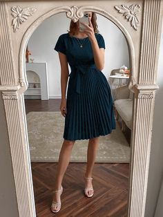 Pleated Hem Self Belted Dress | EMERY ROSE Langer Rock, Liberia, Vestidos Vintage, Women Long Dresses, Sleeves (women), Trendy Fashion Women, Botswana, Barbados, Types Of Skirts