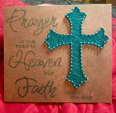 a card with a crocheted cross on it that says, prayer is the road to heaven but faith opens the door