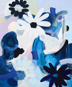 an abstract painting with blue and white flowers