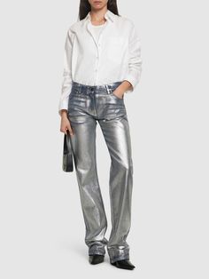 Front button and concealed zip closure. Belt loops. Five pockets. Model is wearing a size38 Coated Denim, Versace Brand, Low Rise Jeans, Flat Espadrilles, Jeans Jumpsuit, Swim Accessories, Denim Coat, Heeled Loafers, Shearling Jacket