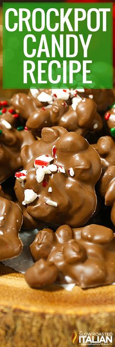 chocolate crockpot candy with white and red sprinkles on top, in front of a green sign that says original crockpot candy