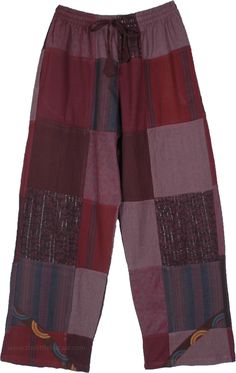 Patchwork cotton pants for summer, chic, boho, unrestricted and so enviro-friendly with its recycled patchwork design and a pocket on either side.  The coloration is mainly deep earthen tones of brown and maroon but also has some blue, purple, orange on different patchwork prints, etc. #tlb #Patchwork #vacationclothing #beachwrap #Handmade #Unisexbohopants #FestivalPants #patchworkpants #hippiecottonpants Burgundy Cotton Wide Leg Pants, Purple Cotton Patchwork Bottoms, Purple Patchwork Cotton Bottoms, Purple Cotton Hippie Bottoms, Recycled Patchwork, Pants For Summer, Maroon Outfit, Patchwork Pants, Festival Pants