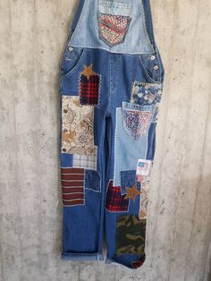 "unique vintage jeans One of a kind.. Hand made embroidery and unique patches. Made to order, ready to be shipped in any size, within 15 working days . If you need different size, please send me a message and I will make you a special and unique design. They are all different! No one will have the same one as you have! Hand painted, one of kind jeans. You pick your size, model (slim- boyfriend- high waist- low waist) and primer color and you will get your singular design. \"my queens wish\" is a Overall Patches, Cotton Patchwork Overalls Jumpsuit, Denim Blue Patchwork Cotton Overalls, Cotton Patchwork Overalls, Cotton Patchwork Overalls Jumpsuits And Rompers, Casual Patchwork Overalls For Festival, Festival Patchwork Overalls, Casual Festival Overalls With Patchwork, Vintage Denim Overalls With Patchwork