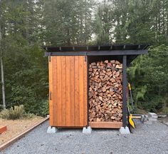 there is a shed made out of firewood and logs in the yard with trees behind it