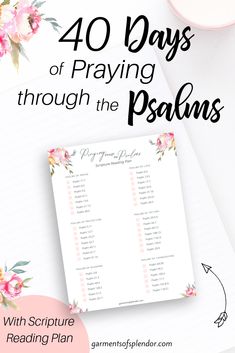 a pink flowered notebook with the words 40 days of praying through the palms