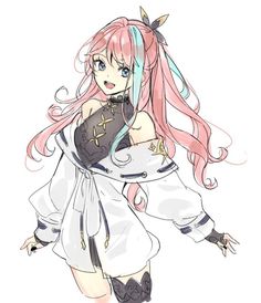 an anime character with long pink hair and blue eyes, wearing a white shirt and black pants