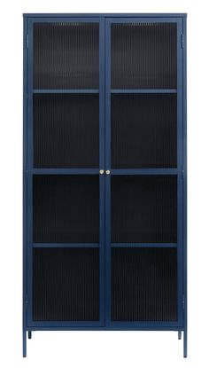 a blue bookcase with two doors and three shelves