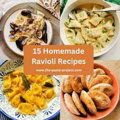 some food that is on a table with the words 15 homemade ravioli recipes in front of it