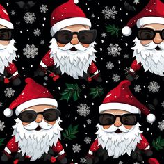 seamless christmas pattern with santa claus wearing sunglasses and holly wreaths on black background