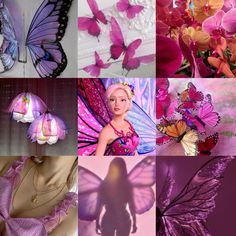 a collage of photos with pink and purple butterflies