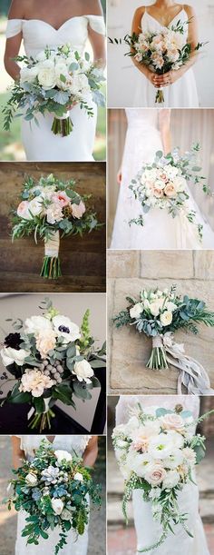 wedding bouquets with white flowers and greenery are arranged on the bride's dress