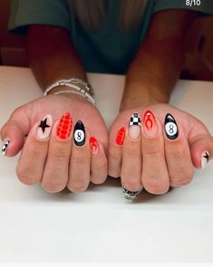 Harley Davidson Nails Designs Art Ideas, Super Fun Nails, Nail Ideas Acrylic Western, Full Nail Art Designs, Fun Retro Nails, Aesthetic Gel X Nails, Funky Nails With Gems, Red White And Blue Aura Nails, Jessie Murph Nails