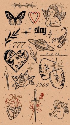 an old school tattoo design with many different tattoos