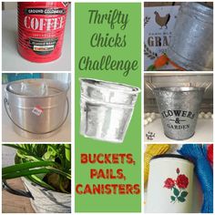 buckets, pails, and canisters are featured in this collage