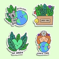 four stickers with plants and animals on them, including an earth globe, green vibe