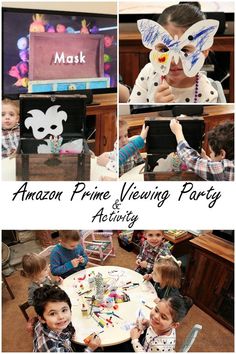 children are sitting at a table with masks and paper machs on the top, while another child is holding up a sign that says amazon prime viewing party