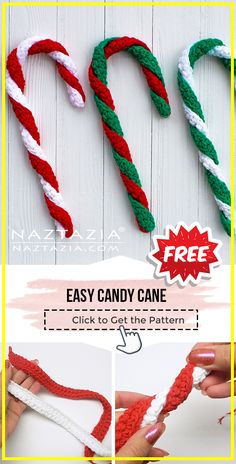 crocheted candy canes with text overlay that says, easy candy cane