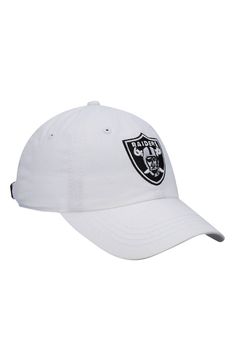 Indulge your sporty side by throwing on this Las Vegas Raiders Miata Clean Up Primary adjustable hat from '47 and spicing up any casual ensemble. The bold Las Vegas Raiders graphics add flair to the design, and the adjustable fabric strap at the back ensures a perfect fit for every big game. Material: 100% Cotton Low crown Unstructured relaxed fit Curved bill Adjustable fabric strap with snap button Six panels with eyelets Embroidered graphics with raised details One size fits most Surface washa Sporty Visor Hat For Fan Gear, White Sporty Dad Hat For Sports, Sporty Six-panel Hats For Sports Events, White Sporty Hat For Sports Events, Sporty Fan Gear Hats For Sports Season, Sporty Curved Bill Fan Gear Hat, Sporty Dad Hat With Curved Brim For Game Day, Sporty White Baseball Cap For Fans, Sporty Hats For Sports Events And Season