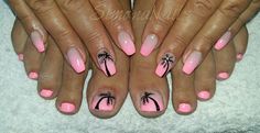 Pink Toe Nails, Black Palm Tree, Palm Tree Nails, Nails Ombre, Tropical Nails, Tree Nails, Pink Toes, Hot Pink Nails, Summery Nails