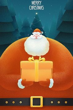 a christmas card with santa claus holding a gift box in front of him and the words merry christmas on it