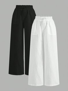 Tween Girls' Loose Casual Plain High Waist Wide Leg Pants, Multipack Black and White Casual   Cotton Plain Straight Leg Non-Stretch  Tween Girls Clothing, size features are:Bust: ,Length: ,Sleeve Length: Loose Black Pants, Black Loose Pants, Korean Pants, Trousers For Girls, High Waist Wide Leg Pants, Trendy Dress Outfits, Business Casual Outfits For Work, Dress Design Sketches, Cute Pants