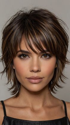 Melena Castaa Oscura con Reflejos y Flequillo Lateral Short Textured Hair, Short White Hair, Haircuts For Medium Length Hair, Shaggy Short Hair, Layered Haircuts For Medium Hair, Short Shag Hairstyles, Brunette Hair With Highlights, To Try, Messy Short Hair