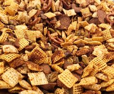 a pile of chex mix sitting on top of a table