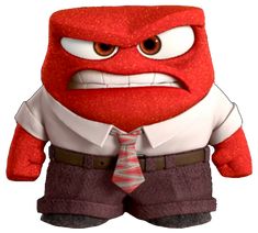 an angry red cartoon character with big eyes and a tie, standing in front of a white background