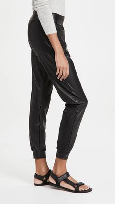 Commando Faux Leather Joggers | Shopbop Casual Stretch Leather Pants With Pockets, Athleisure Joggers For Workwear In Fall, Fall Athleisure Joggers For Workwear, Casual Stretch Leather Pants For Streetwear, Stretch Sweatpants With Elastic Side Panels For Fall, Casual Leather Pants With Elastic Waistband For Fall, Casual Stretch Faux Leather Bottoms, Casual Stretch Faux Leather Pants, Casual Pants With Faux Front Pockets For Night Out