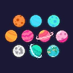 pixel art space planets and stars on a black background