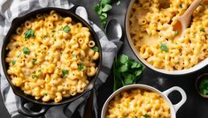 two pans filled with macaroni and cheese on top of a table next to a wooden spoon