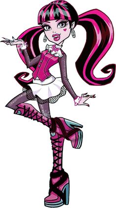 a drawing of a girl with pink hair and high heeled boots, holding her arms out