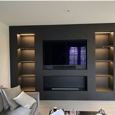 a living room with a couch, television and shelves in the back wall is lit by recessed lighting