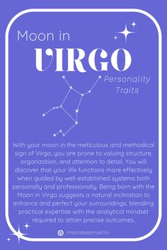 the moon in virgo zodiac sign is shown on a blue background with white lettering