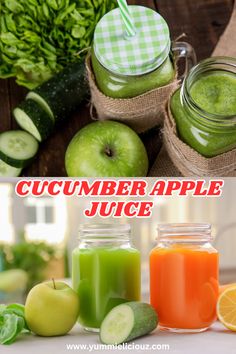 cucumber apple juice in mason jars with fresh fruits and vegetables