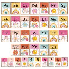 the alphabets and numbers are arranged in different colors, including pink, blue, orange,