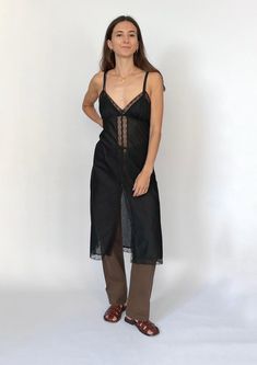 90s Sheer lace slip dress. Features a lace trim to neck, hem and centre, A split at the front which makes it perfect to wear over trousers! Size XS/S - Bust Circ 82cm / Length 106cm Sourced in Japan. No label, fabric is sheer with a tonal stripe design Fitted Lace Slip Dress For Night Out, Fitted Slip Dress With Delicate Lace For Night Out, Sheer Lace Slip Dress For Night Out, Summer Night Out Slip Dress With Delicate Lace, Summer Slip Dress With Delicate Lace For Night Out, Summer Delicate Lace Slip Dress For Night Out, Lace Slip Dress For Night Out With Bias Cut, Black Lace Slip Dress With Bias Cut, Black Lace Bias Cut Slip Dress